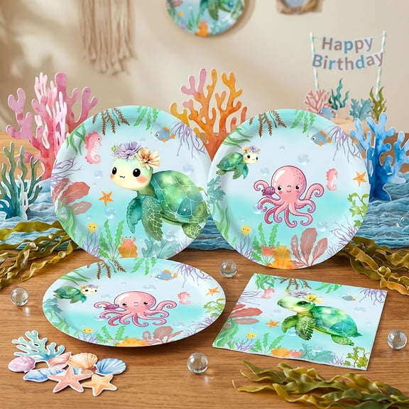 Ocean Theme Party Supplies Set - Cute Sea Turtle & Octopus Design Disposable Tableware for Summer Beach Gatherings