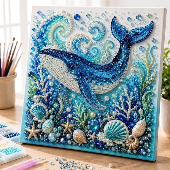 Ocean Theme Pearl Art 3D Diamond Painting Kit, Sparkling Coastal Sea Life Wall Art, Adult Craft Hobby and Stress Relief Project for Home Office and Living Space