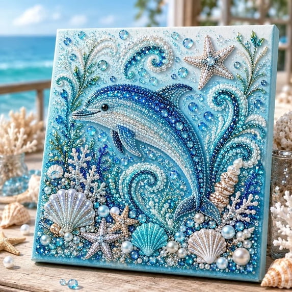 Ocean Theme Pearl Art 3D Diamond Painting Kit, Sparkling Coastal Sea Life Wall Art, Adult Craft Hobby and Stress Relief Project for Home Office and Living Space