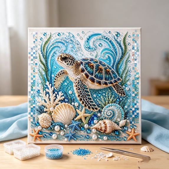 Ocean Theme Pearl Art DIY Kit, 7.8 x 7.8in 3D Faux Bead Marine Animal Embroidery Diamond Craft Set, Relaxing Coastal Hobby Gift for Adults Beginners