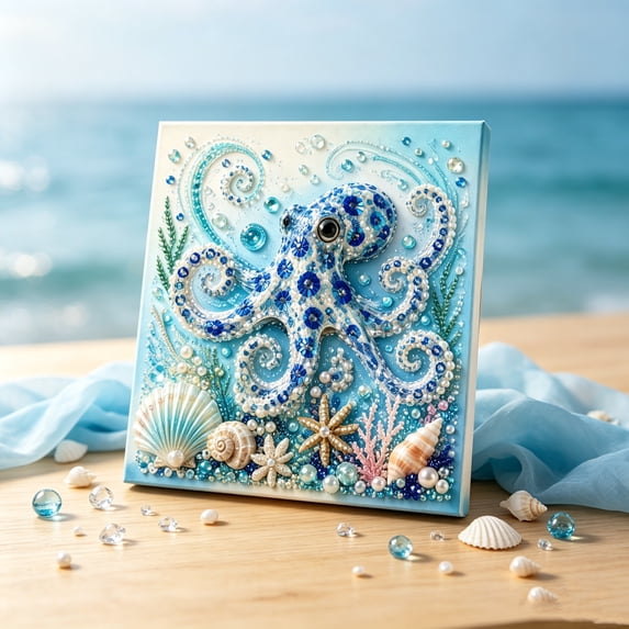 Ocean Theme Pearl Art DIY Kit, 7.8 x 7.8in 3D Pearl Craft Kit, Sparkling Coastal Pearls Mosaic Art with Pearls & Rhinestones, DIY Home Wall Decor Gift