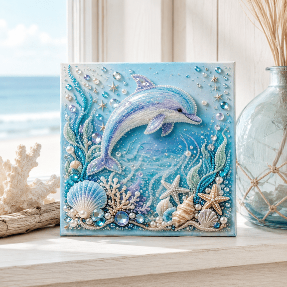 Ocean Theme Pearl Art DIY Kit, 7.87 x 7.87 In Marine Animal Gem Painting Canvas for Adults and Beginners, Coastal Wall Decor for Beach House and Coastal Christmas