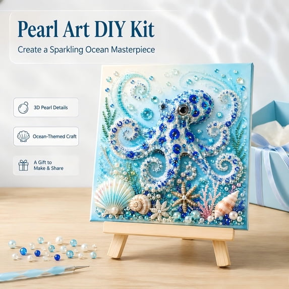 Ocean Theme Pearl Art DIY Kit,Blue Ringed Octopus 3D Diamond Painting Crafts For Adults,DIY Pearl Mosaic Wall Art Set With Rhinestones,Coastal Home Decor Gift For Beginners
