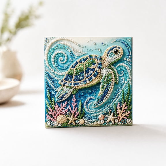 Ocean Theme Pearl Art DIY Kit, Complete Handcrafted Home Decor Set with Textured Pearl Accents and Coastal Inspirations for Creative Art Lovers (Turtle)