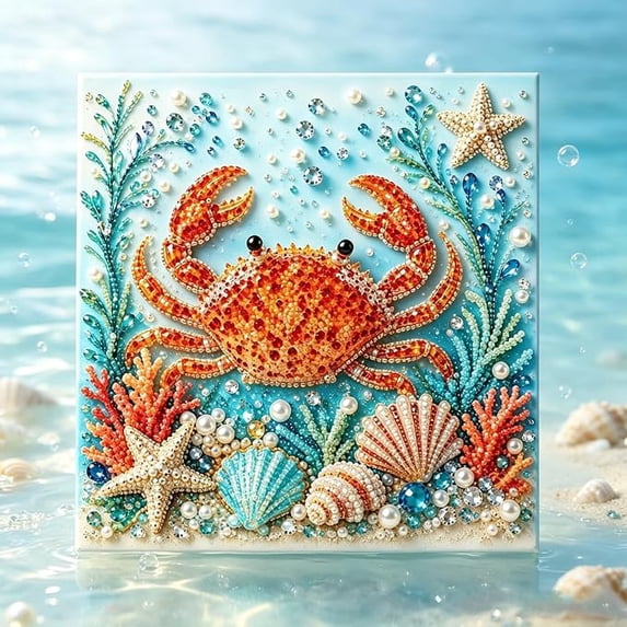 Ocean Theme Pearl Art DIY Kit, Crab DIY Pearl Painting Set, Sparkling Coastal Wall Decoration with Crab Diamond Pearl Art for Beach Enthusiasts