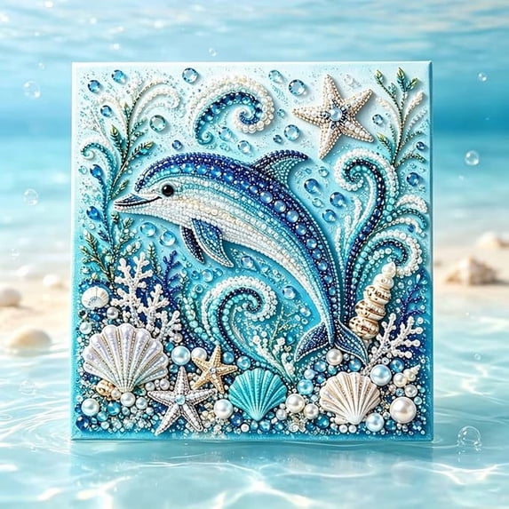 Ocean Theme Pearl Art DIY Kit, Dolphin DIY Pearl Painting Set, Sparkling Coastal Wall Decoration with Dolphin Diamond Pearl Art for Beach Enthusiasts