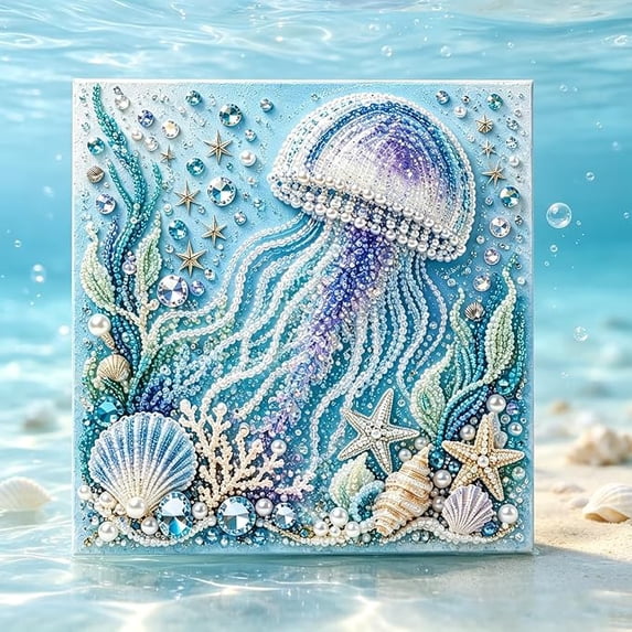 Ocean Theme Pearl Art DIY Kit, Jellyfish DIY Pearl Painting Set, Sparkling Coastal Wall Decoration with Jellyfish Diamond Pearl Art for Beach Enthusiasts