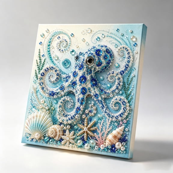 Ocean Theme Pearl Art DIY Kit,Octopus Wave DIY 3D Pearl Painting Kit,Sparkling Coastal Pearl Painting Kit for Adults and Beginners,Nautical Home Wall Decoration(Octopus)