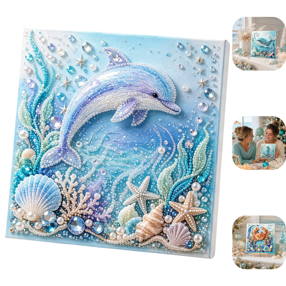 Ocean Theme Pearl Art DIY Kit, Sea Creature Diamond Bead Painting Canvas Craft, Stretched Square Canvas Board, Underwater Animal Art Decor for Bedroom Living Room Indoor Display 1pc E
