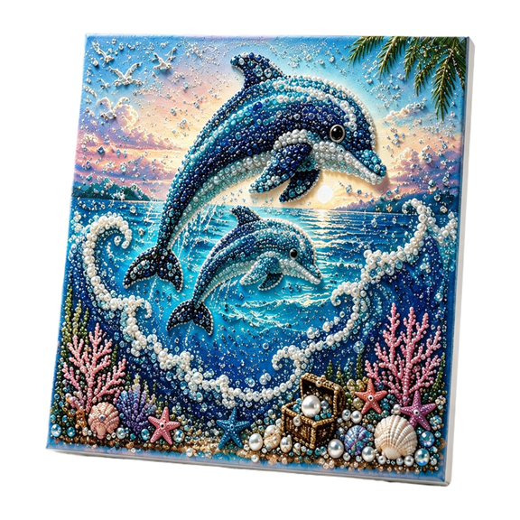 Ocean Theme Pearl Art Wall Decor Kit, Dolphin Detailed 3D Bead Mosaic DIY Craft for Adults, Coastal Room Decoration