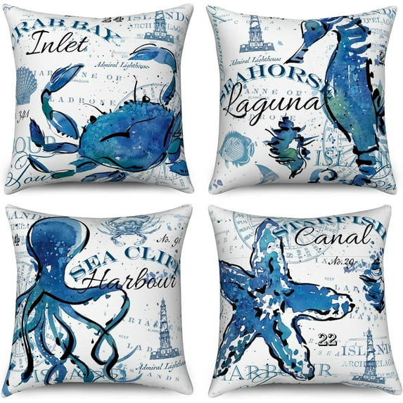 Ocean Theme Pillow Covers 16x16 Set of 4, Navy Blue Sea Animals Throw Pillow Covers Crab Seahorse Octopus Starfish Pillowcase Coastal Accent Summer Decorative for Home Outdoor