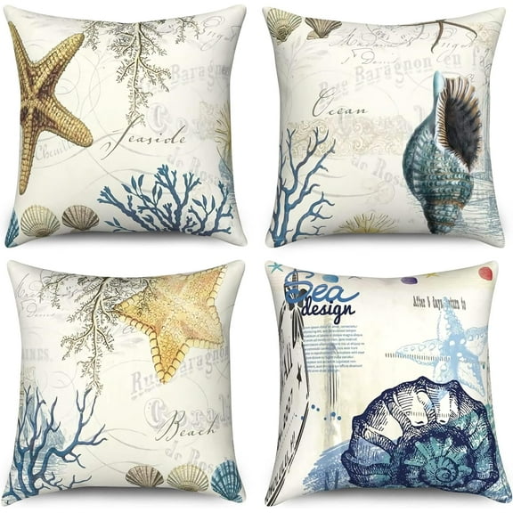 Ocean Theme Pillow Covers 16x16 Set of 4, Starfish Throw Pillow Covers Conch Shell Pillowcase Summer Sea Outdoor Decor Vintage Cushion Case for Home Yard