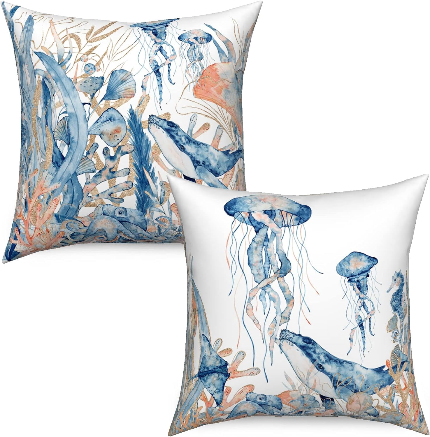 Ocean Theme Pillow Covers 20x20 Set of 2, Blue Coral Aquatic Plants Throw Pillow Covers Jellyfish Whale Seahorse Pillowcase Sea Cushion Case Summer Outdoor Decor for Home Yard