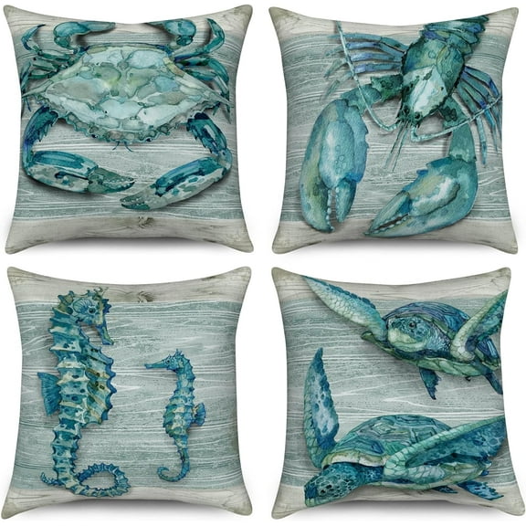 Ocean Theme Pillow Covers 20x20 Set of 4, Sea Turtle Throw Pillow Covers Seahorse Lobster Crab Pillowcase Summer Beach Outdoor Decor Turquoise Cushion Case for Home Yard