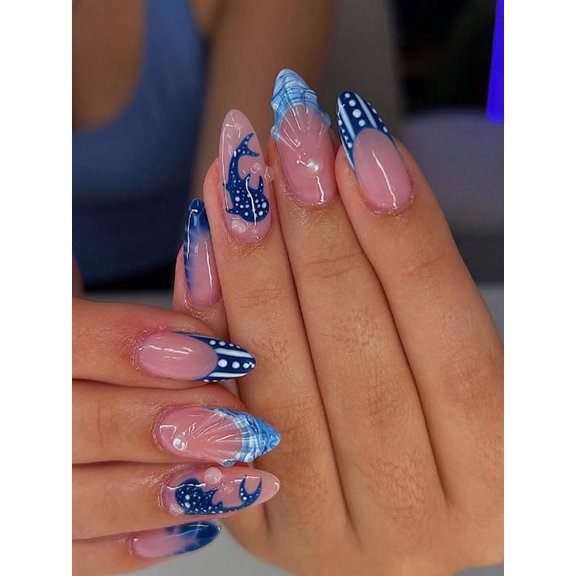 Ocean Theme Press-On Nails Set Multicolor Almond Shape With 3D Shell Whale