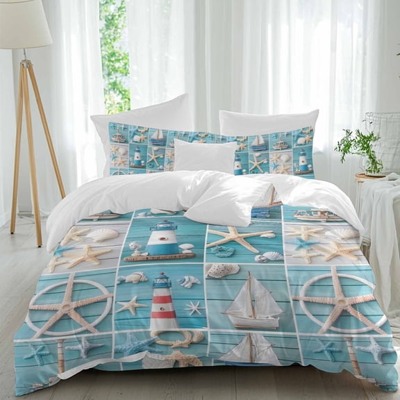 Ocean Theme Queen Size Comforter Set, Beach Anchor Lighthouse Starfish Blue Wood Bedding for All Seasons, 4 Pcs Bed Set, 1Quiltcover (90"x92") ,1Sheet(94"x116"), 2Pillowcases (30"x20")