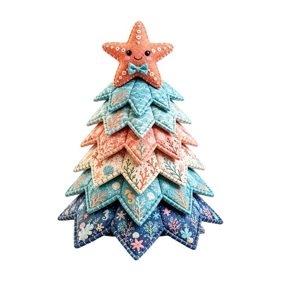 Ocean Theme Quilted Fabric Christmas Tree DIY Patchwork Kit with Starfish Topper Seasonal Christmas Decor for Shelf and Mantel
