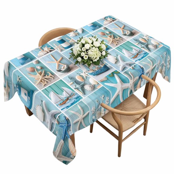 Ocean Theme Rectangle Tablecloth Anchor Lighthouse Starfish Waterproof Wrinkle Free Soft Table Cloth Spill-Proof Washable Table Cover for Dining Party Picnic 60 x 120 Inch