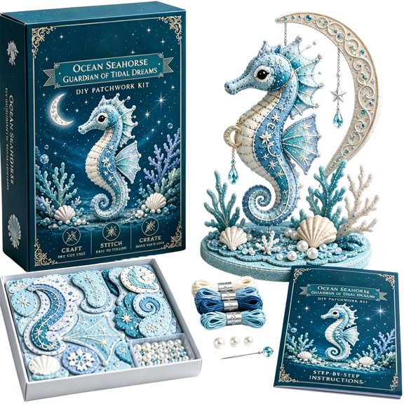 Ocean Theme Seahorse Fabric DIY Sewing Kit, Handmade 3D Plush Decoration Set, Pre-Cut Felt Craft Supplies for Hobbyists, Desktop Ornament Handcraft Gift for Leisure Activity, 3.2in