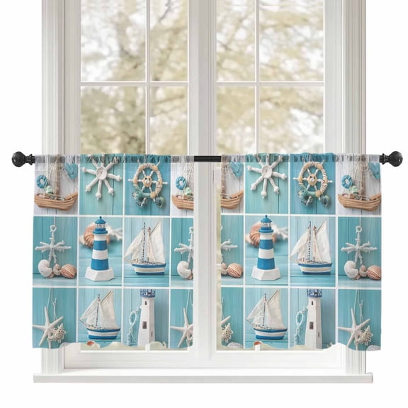 Ocean Theme Sheer Curtains 54 inches Long, Anchor Lighthouse Starfish Beach Shell Light Filtering Sheer Window Curtains Rod Pocket Voile Drapes for Bedroom Living Room, 52"W x 54"L 2 Panels