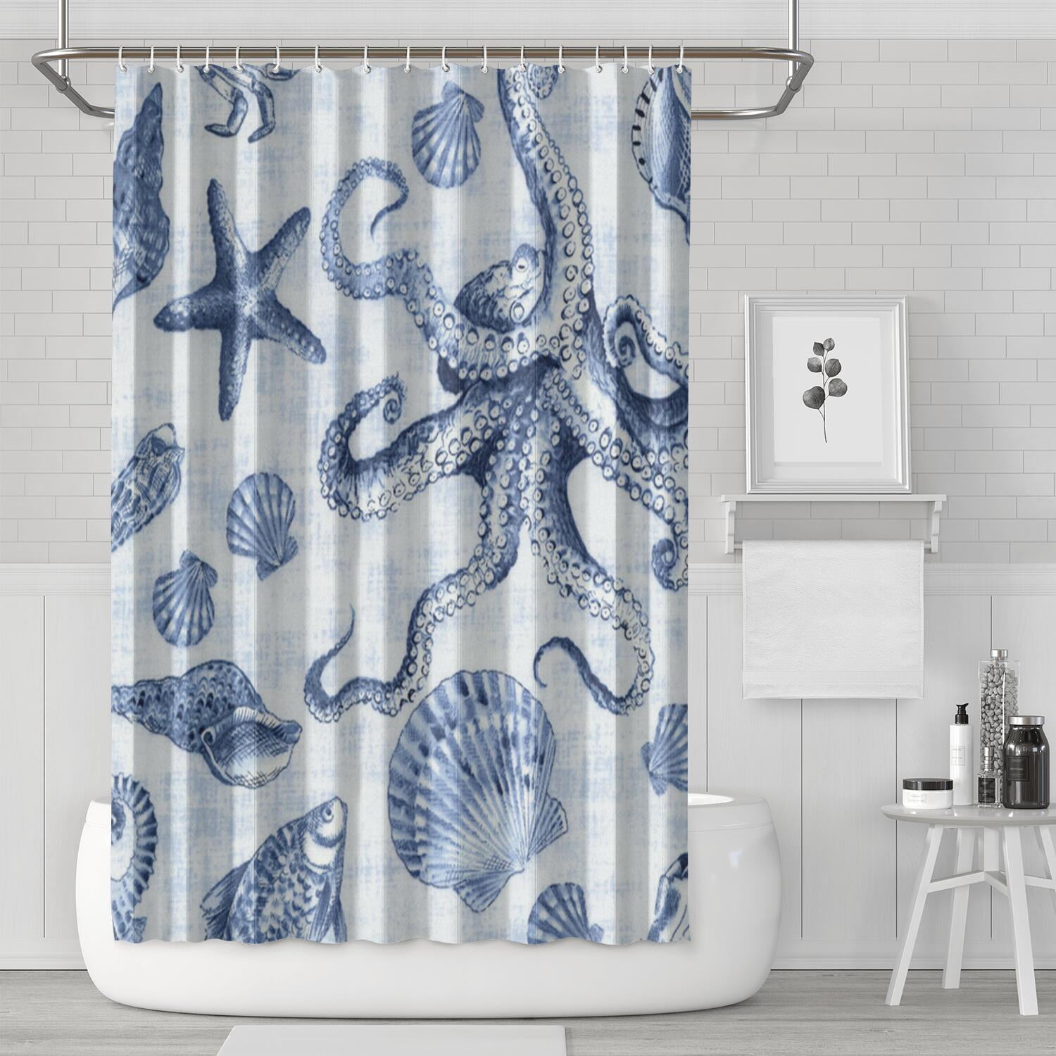 Ocean Theme Shower Curtain - Machine Washable Tropical Seashell Design ...