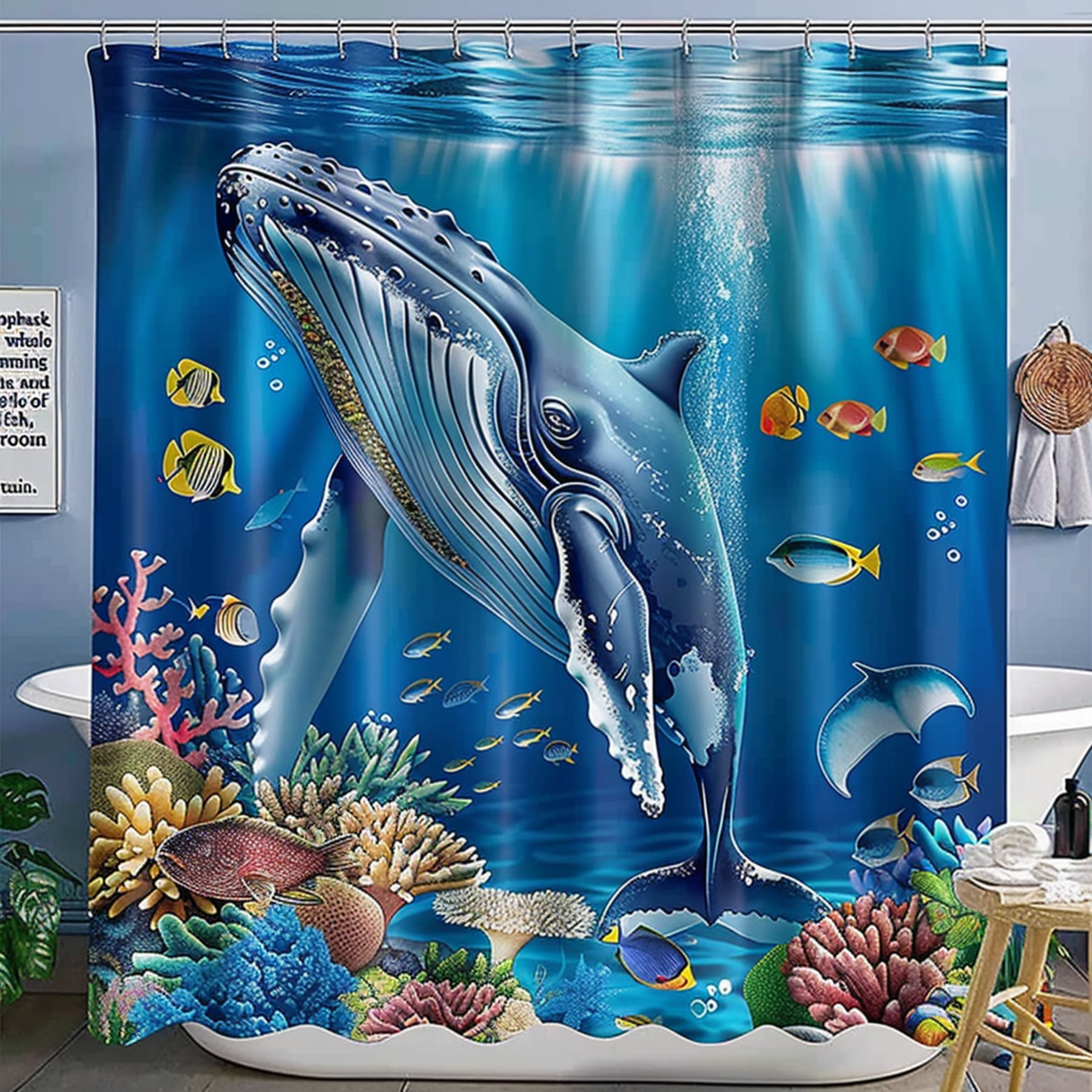 Ocean Theme Shower Curtain with Humpback Whale Corals and Fish ...