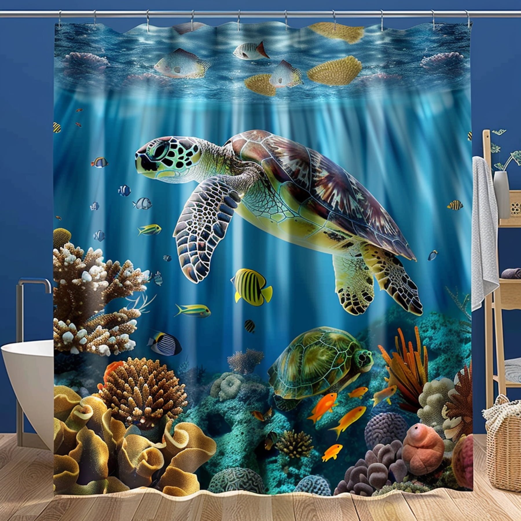 Ocean Theme Shower Curtain with Sea Turtle Design Colorful Coral Reefs