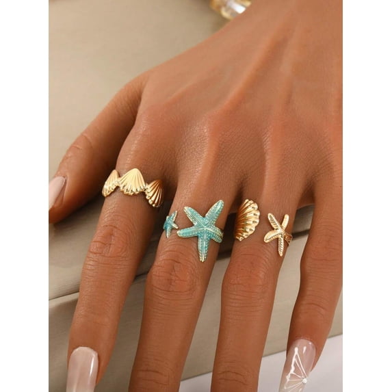 Ocean Theme Starfish And Shell Open Ring Set In Yellow Gold