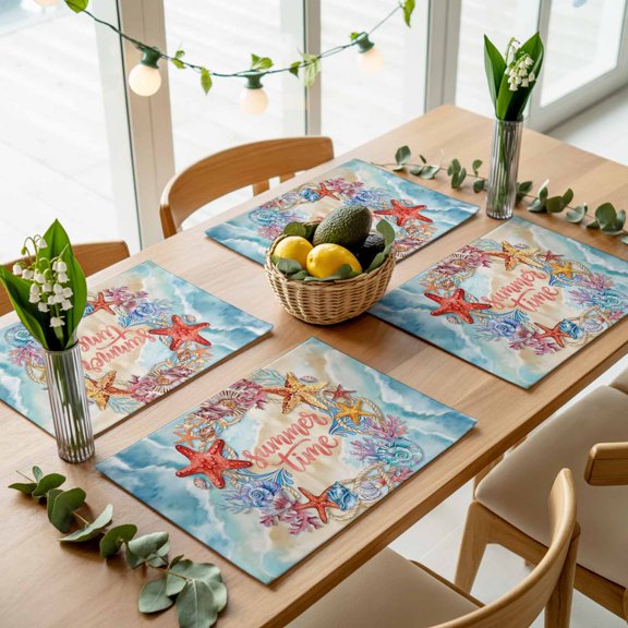 Ocean Theme Starfish Conch Coral Placemats Set of 4,Wipeable Washable Table Mats for Dining Tables, Summer Time Beach Shell Place Mats for Kitchen Event Party Tabletop Decor