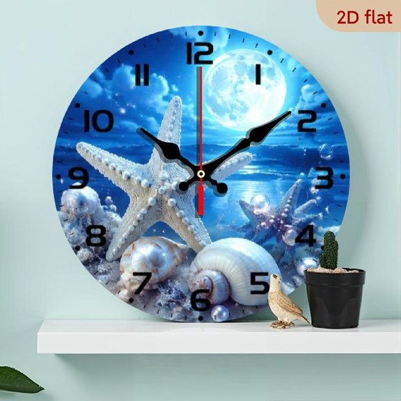 Ocean Theme Starfish and Seashells Wall Clock, Blue Night Moon Seascape Design, Perfect Decor for Living Room, Bedroom, and Bathroom, Ideal Gift for Family and Friends 10x10in