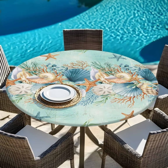Ocean Theme Starfish Shell Round Fitted Tablecloth with Elastic Edge,Waterproof Table Cloth Fits Tables Up to 36"-44",Washable Table Cover for Indoor Outdoor Dinning Party,Marine Shell Conch Leaf