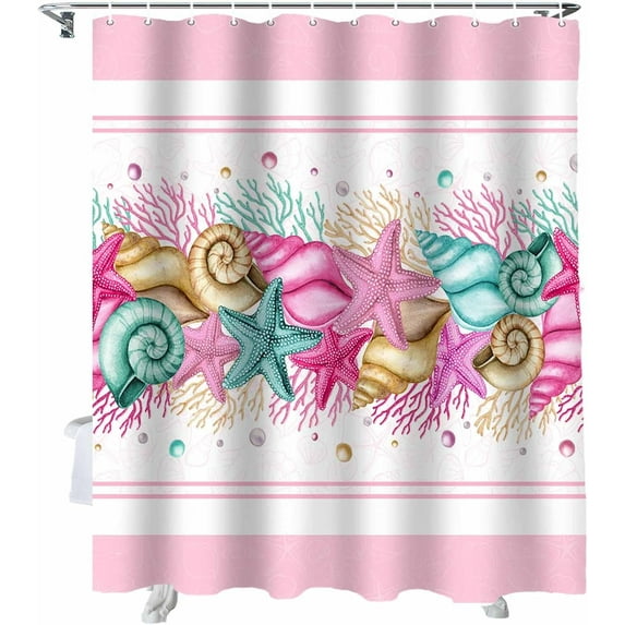 Ocean Theme Starfish Shells Shower Curtain, Pink Shower Curtain Set with Hooks, Winter Holiday Waterproof Fabric Shower Curtains for Bathroom Decor, 36x72 Inch Bath Curtain