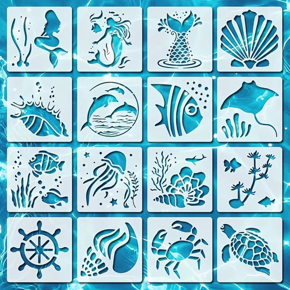 Ocean Theme Stencils for Kids with 16 Reusable Marine Animal Designs, 16-Pack, White Plastic, for Children Diy Painting and Drawing, Art Supplies