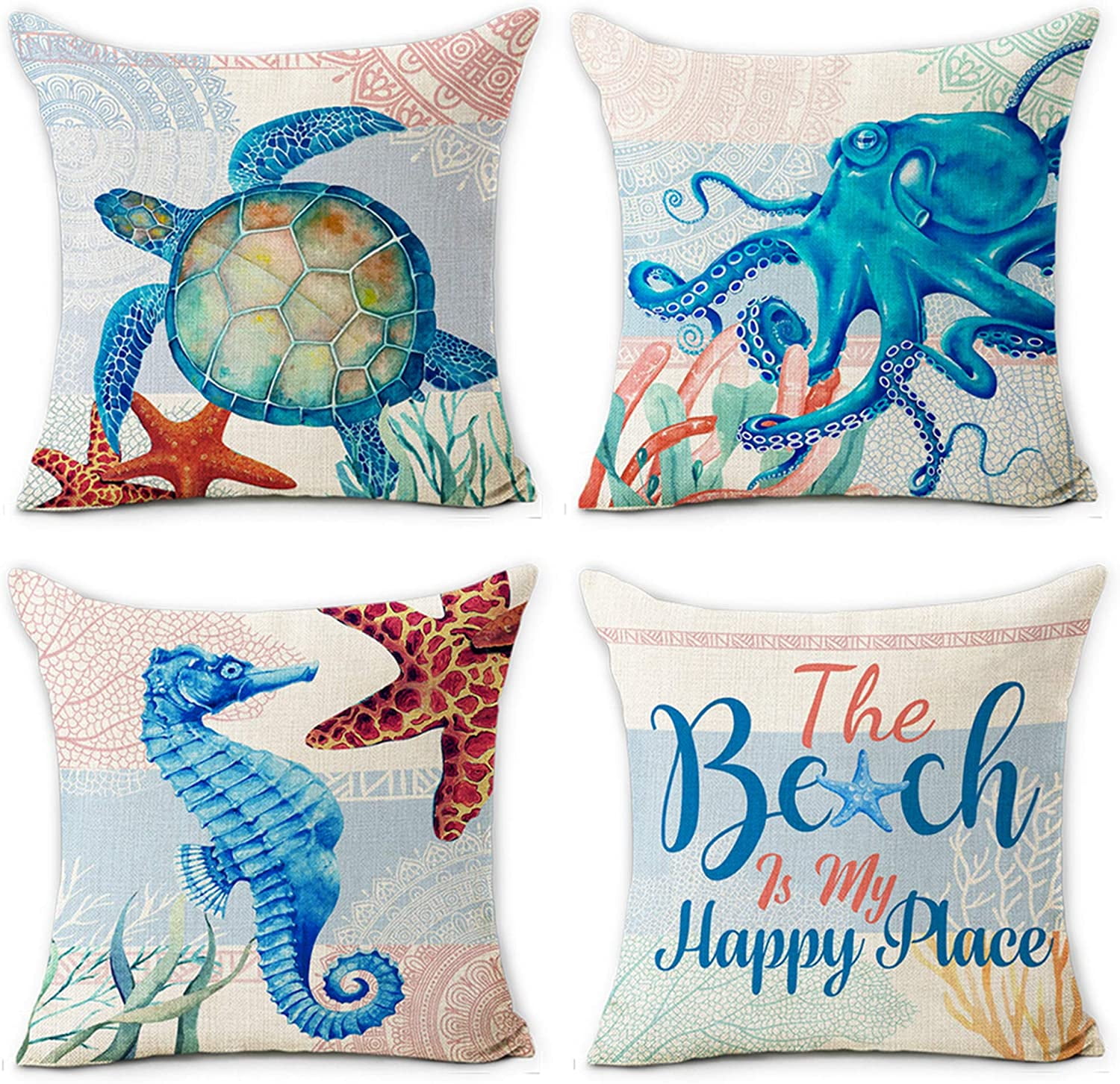Mediterranean Nautical Outdoor Throw Pillow Covers 16x16 Inch Set Of 4 - Sea Turtle, Octopus, Whale, Seahorse - View #9
