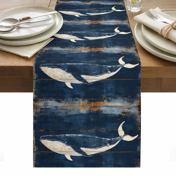 Ocean Theme Table Runner 13 x 36 Inch, Animal Whale Watercolor Animal Plank Grain Washable Cotton Linen Dining Table Runner Tabletop Decorations for Restaurant Home Kitchen Party