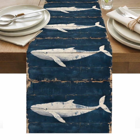 Ocean Theme Table Runner 13 x 48 Inch, Whale Silhouette on Vintage Plank Washable Cotton Linen Dining Table Runner Tabletop Decorations for Restaurant Home Kitchen Party