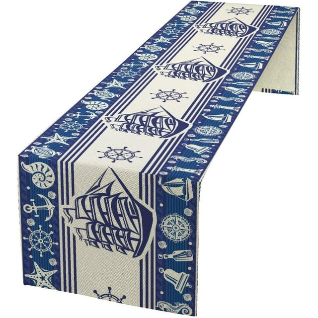 Ocean Theme Table Runner, Nautical Ocean Retro Anchor Starfish Seashell Turtle Print Table Runner for Kitchen Dining Room Party Table Decor13.8x90in