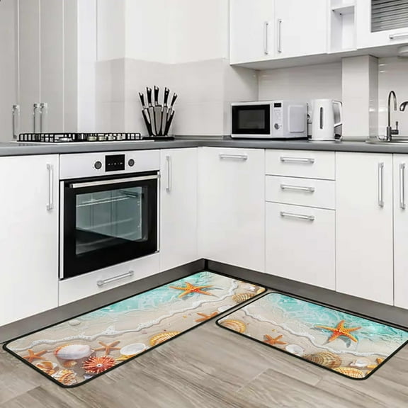 Ocean Theme Tropical Beach Seashell Starfish Decorative Kitchen Rugs and Mats Set of 2, Low-Profile Floor Mats Decorations for Home Kitchen 17"x47"+17"x30"