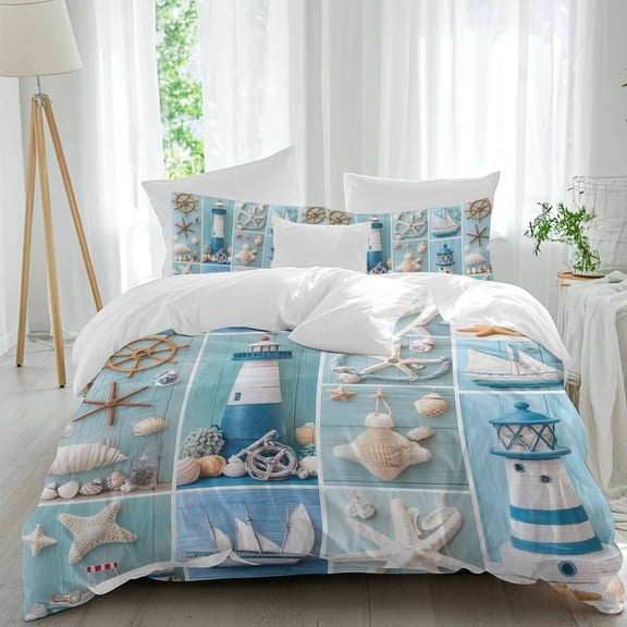 Ocean Theme Twin Size Comforter Set, Anchor Lighthouse Starfish Beach Shell Bedding for All Seasons, 4 Pcs Bed Set, 1 Quiltcover (68"x86") ,1Sheet(67"x116"), 2Pillowcases (30"x20")