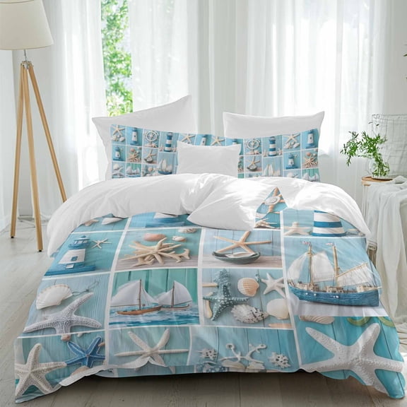 Ocean Theme Twin Size Comforter Set, Anchor Lighthouse Starfish Shell Beach Bedding for All Seasons, 4 Pcs Bed Set, 1 Quiltcover (68"x86") ,1Sheet(67"x116"), 2Pillowcases (30"x20")