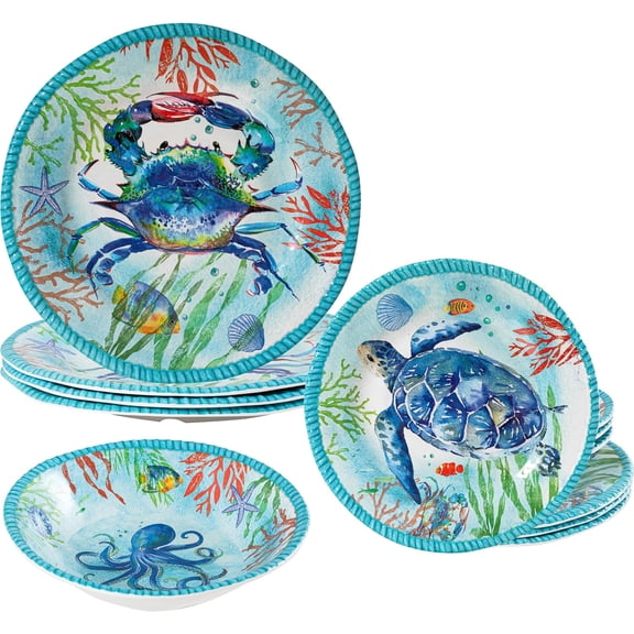 Ocean Theme Unbreakable Melamine Dinnerware Set for 4 Tropical Ocean Color