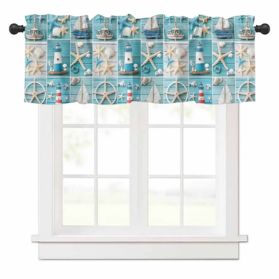 Ocean Theme Valances for Windows Beach Anchor Lighthouse Starfish Rod Pocket Curtain Valance Window Treatment Short Curtains for Kitchen Living Room, 42"x12"