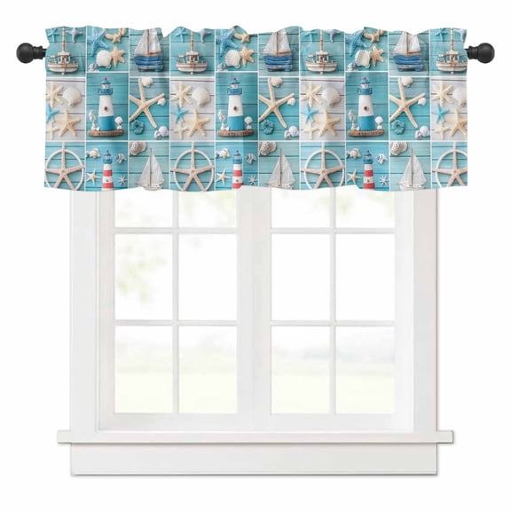 Ocean Theme Valances for Windows Beach Anchor Lighthouse Starfish Rod Pocket Curtain Valance Window Treatment Short Curtains for Kitchen Living Room, 60"x14"