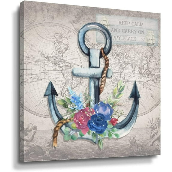Ocean Theme Wall Art Rustic Bathroom Decor Nautical Antique Map Floral Anchors Canvas Paintings Farmhouse Nautical Pictures Artwork for Living Room Bedroom Office Christmas Gift 14x14in