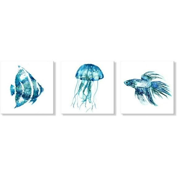 -Ocean Theme Wall Art Sea Animal Blue Jellyfish Tropical Fish Canvas Prints Wall Art 16 x 16 Inch Panel Set of 3 Home Decoration Framed and Stretched Ready to Hang