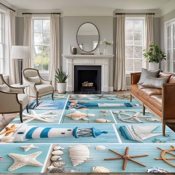 Ocean Theme Washable Living Room Rugs 5'x8', Anchor Lighthouse Low Pile Throw Large Area Rug Non-Slip Sturdy Edge Binding Carpet for Living Room Kitchen Office
