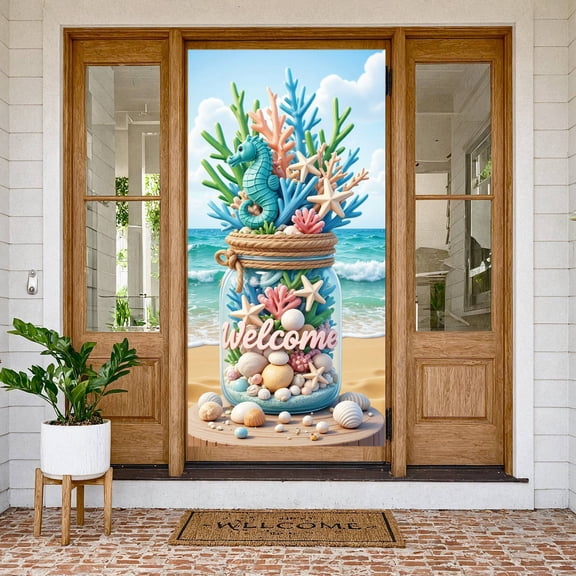 Ocean Theme Welcome Banner Marine Elements Beach Backdrop Colorful Design Seaside Coastal Banner for Beach Party Outdoor Decoration Summer Gathering