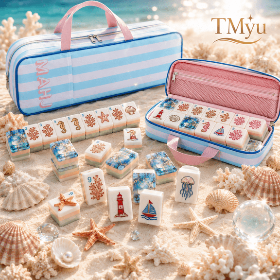 Ocean-Themed American Mahjong Set, 166 Acrylic Tiles with Bag, Racks, Dice and Chips