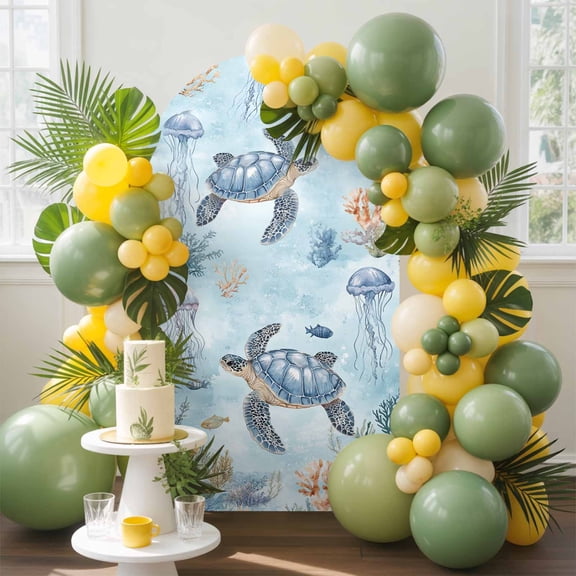 Ocean Themed Arch Backdrop Cover, 7.2FT, Nautical Sea Turtle Jellyfish Watercolor Blue Spandex Arch Covers Double-Sided Backdrop for Wedding Birthday Party Photo Background Decoration