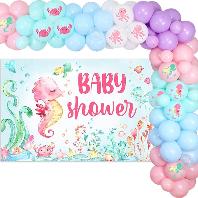 Ocean Themed Baby Shower for Girl - Under The Sea Baby Shower Decorations Balloon Garland Arch Kit, Octopus Seahorse Bubble Fish Foil Balloons with Baby Shower Backdrop for Ocean Baby Shower Party